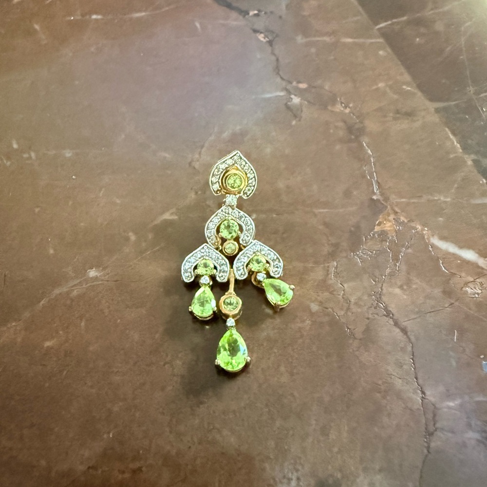 Two tone sterling over gold chandelier earrings with peridot and diamond stones